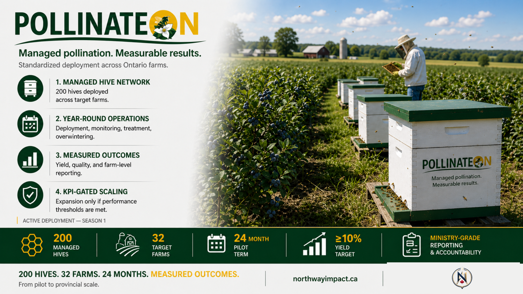 PollinateON visual showing managed hives deployed in an Ontario farm field